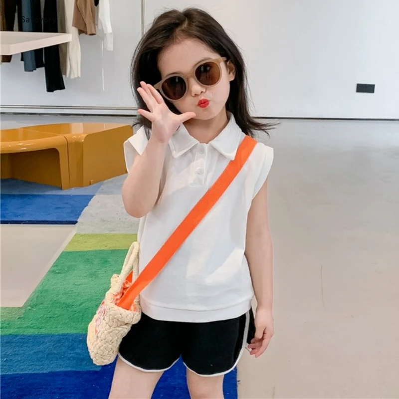 

Летняя одежда для девочек, милые хлопковые футболки без рукавов с лацканами, простые Стильные однотонные универсальные топы для маленьких ...