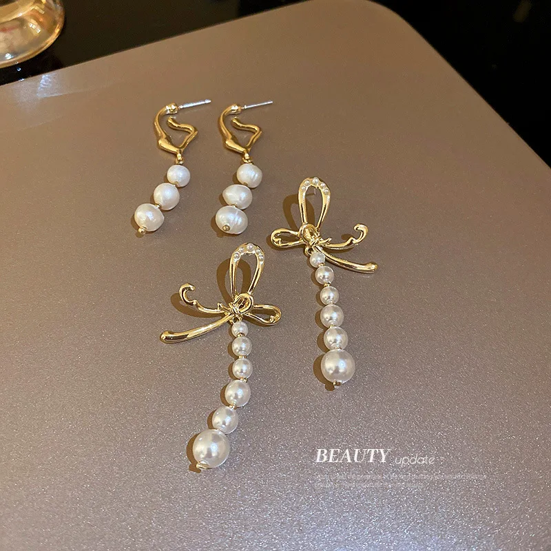 

Minar Korean Elegant 2 Designs Imitation Pearl Earring for Women Gold Color Bowknot Irregular Long Drop Earrings Bridal Jewelry