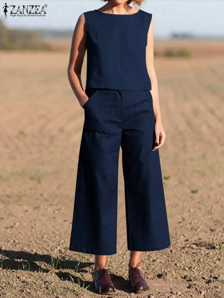 

Elegant Summer Tracksuits Women Matching Sets ZANZEA 2022 Sleeveless Blouse Casual Wide Leg Pants Female Work Outifits 2PCS Suit