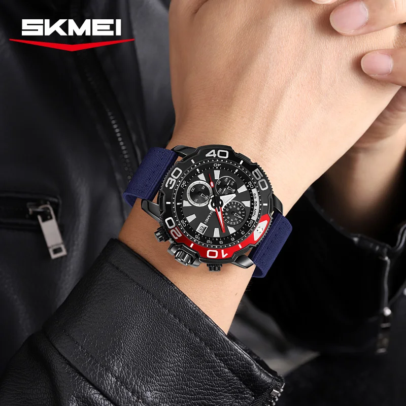 Фото SKMEI 9381 Новые мужские спортивные многофункциональные часы с датой и секундомером, мужские уличные кварцевые наручные часы с нейлоновым ремешком, секундомер с датой и временем №3