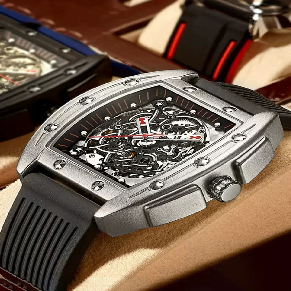 

New Richard Men's Watch Top Brand Luxury Hollow Luminous High-End Silicone Wine Barrel-Shaped Men's Automatic Mechanical Watch