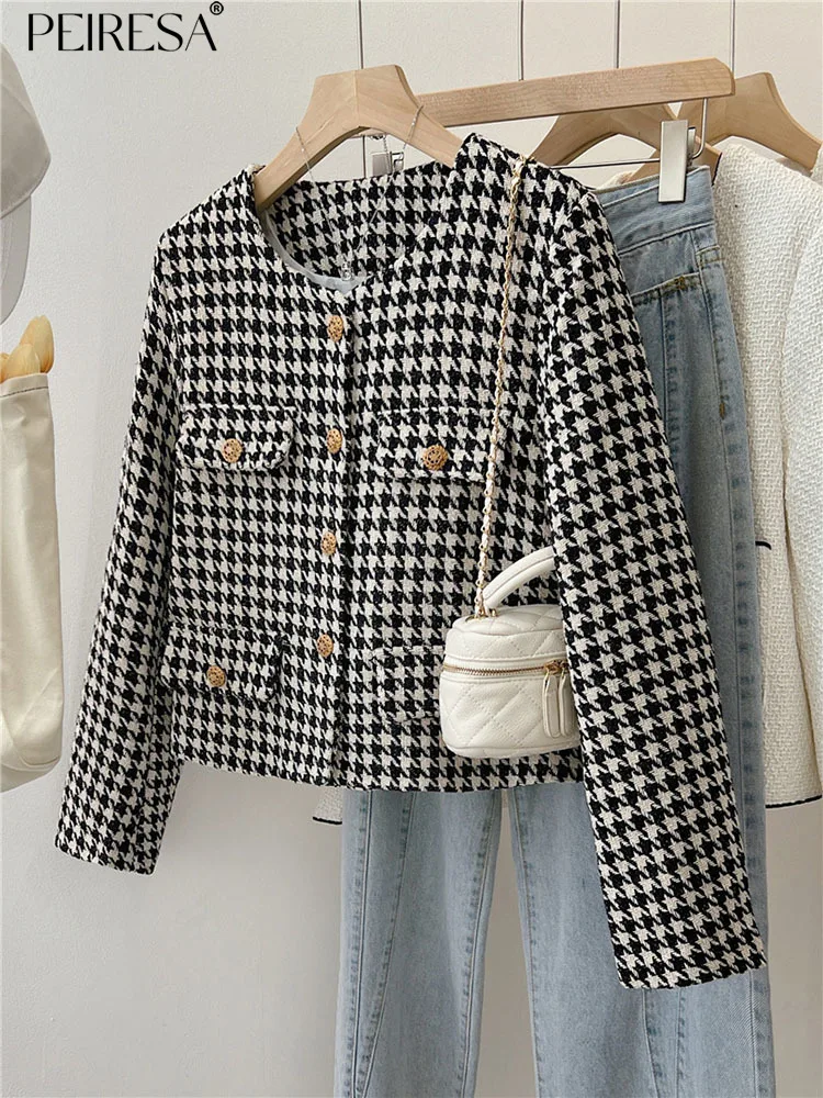 

PEIRESA Celebrity Houndstooth Tweed Short Jacket For Women New O Neck Long Sleeve Single Breasted Coat Outwear Vintage Clothes