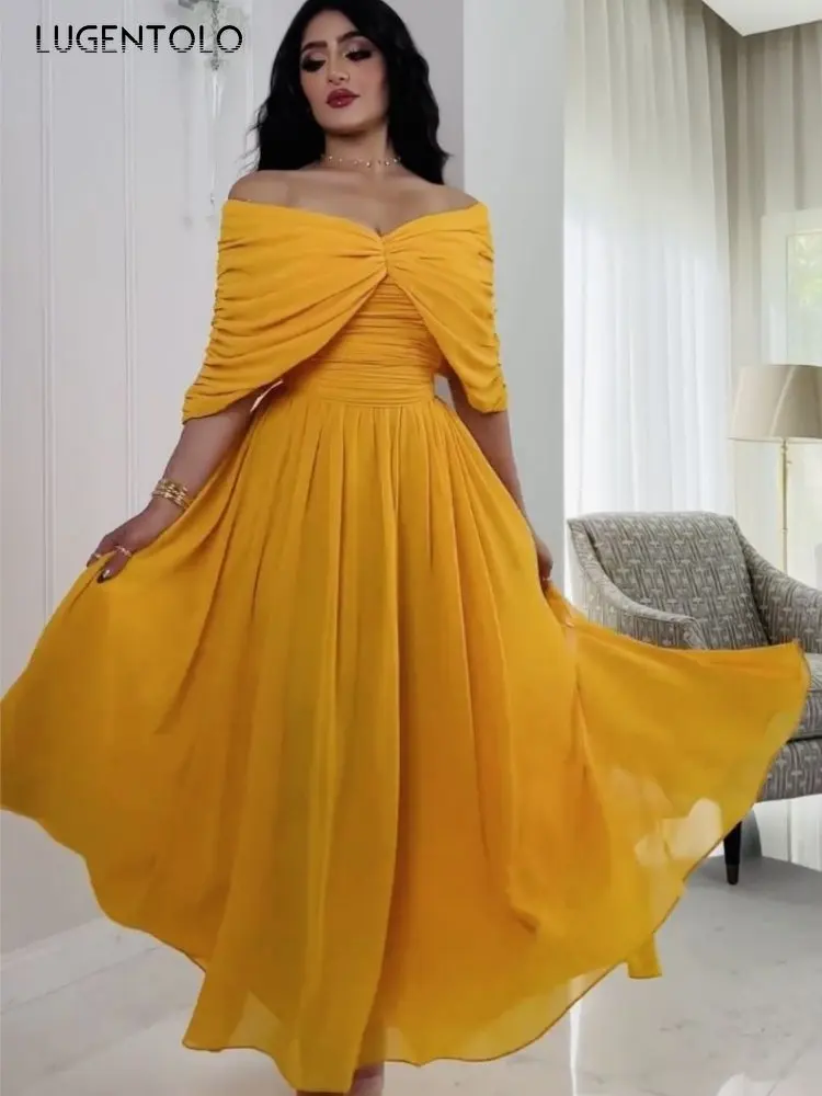 

Платье Lugentolo женское шифоновое, пикантное приталенное элегантное вечернее, с запахом на груди, с широкой юбкой, желтое, для танвечерние, весн...