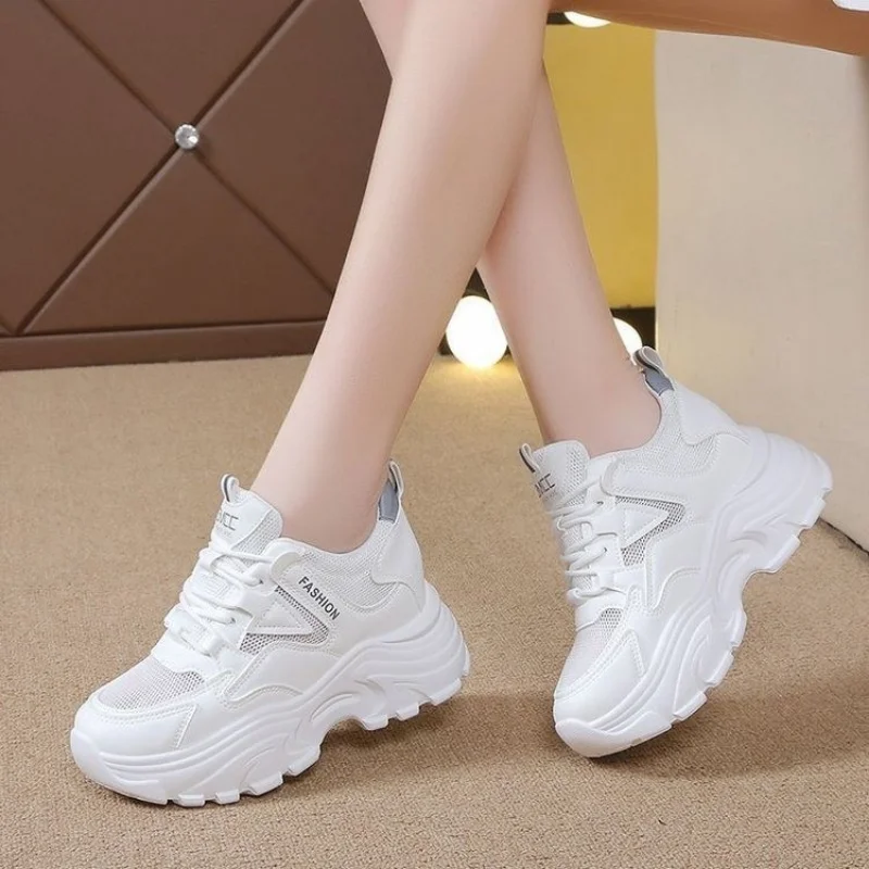 

Women Flat Shoes Mesh Breathable Casual Hidden Heels Chunky Sneakers Spring Autumn Female Lace-up Platform Shoes