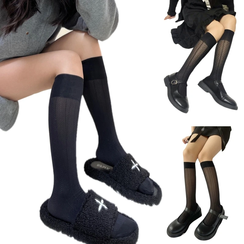 

Women Gothic Black Calf Socks Japanese Style Harajuku Geometric Herringbone Striped Pattern Knee High Stockings