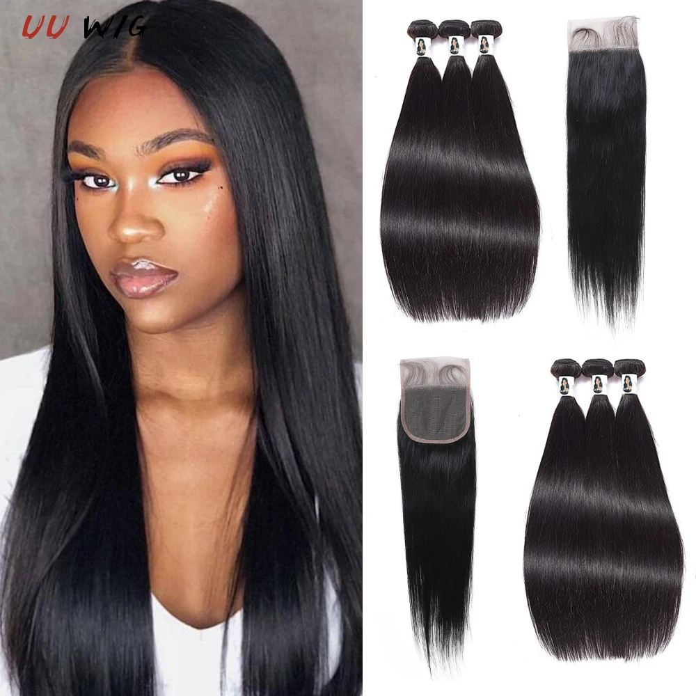 

UU WIG 13A Straight Bundles With Closure Brazilian Human Hair Bundles With Frontal 3/4 Bundles With Closure Human Hair Extension