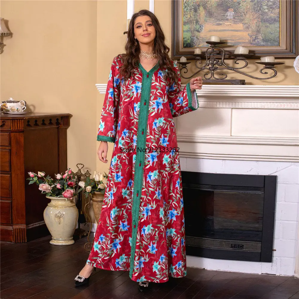 Fashion High Quality Dress for Ladies Middle Eastern Muslim Women Moroccan Jalabiya Dubai Arab Print Maxi Dress Party Ramadan