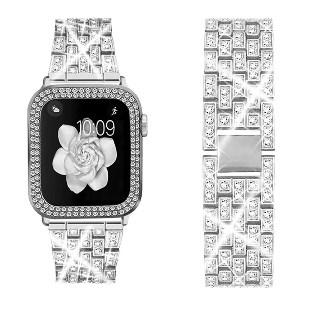 Women Strap with Case For Apple Watch 45mm 41mm 44mm 42mm 40mm 38mm Metal Diamond Bracelet Wristband for iWatch 8765432 SE Cover