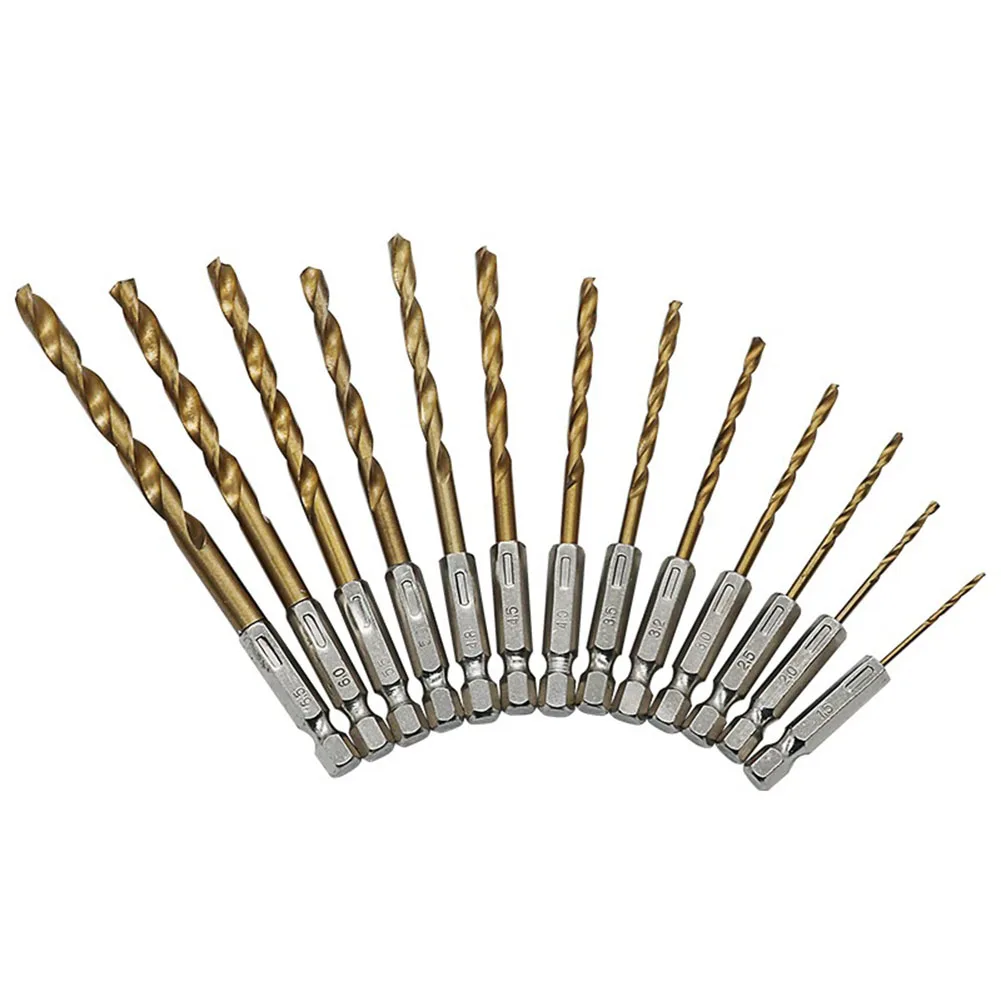 

13Pcs HSS High Speed Steel Titanium Coated Drill Bit Set 1/4 Hex Shank 1.5mm-6.5mm Hexagonal Handle 2222222 Drill