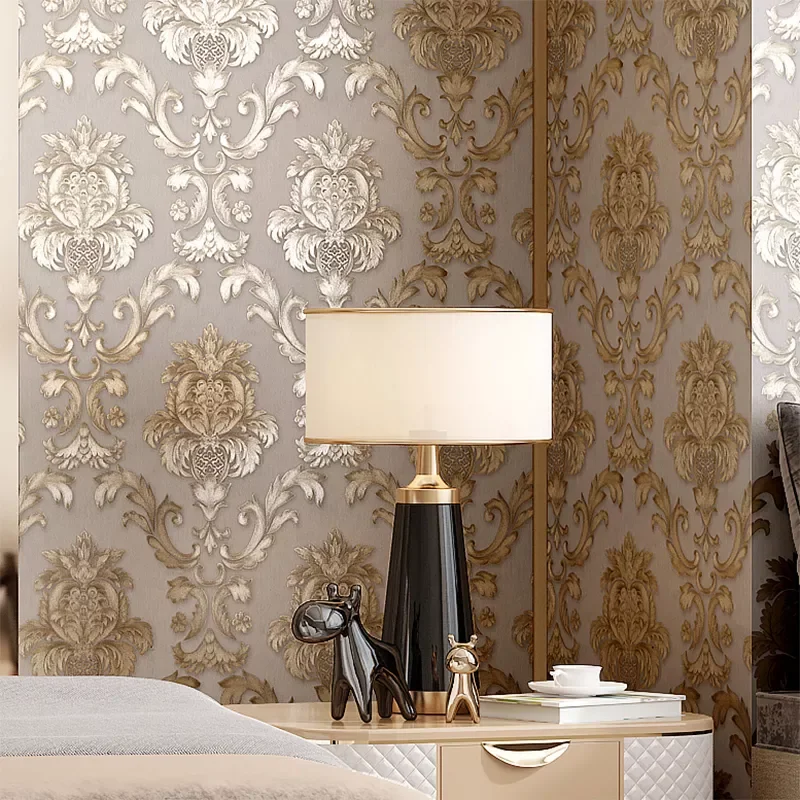 

Бежево-серо-золотистая текстурированная роскошная классическая Дамасская настенная бумага для спальни гостиной домашний декор водостойк...