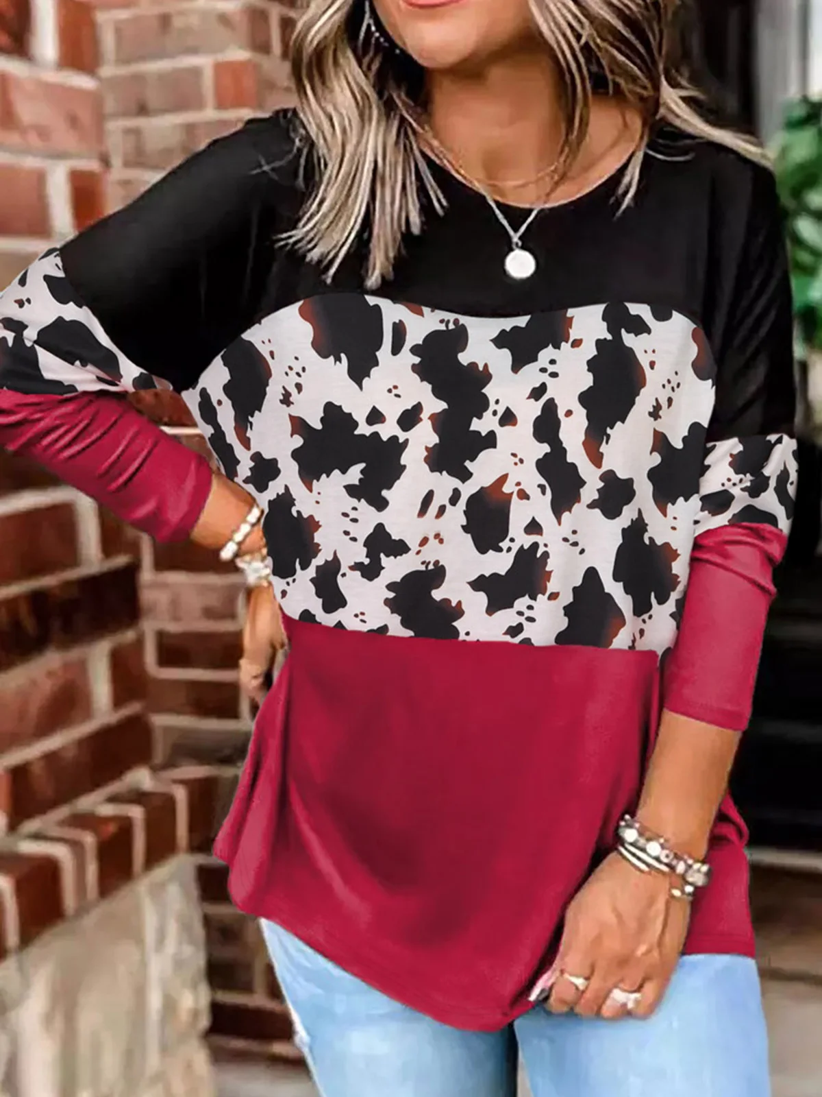 

2023 Autumn Winter Cow Color Block Long Sleeve Casual Blouse O-Neck Elegant Print Office Lady Outdoor Streetwear Tops For Women
