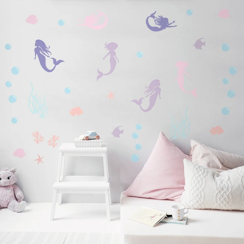 

6sheets/set Beautiful Mermaid Wall Sticker Shiny Colorful Wall Decal Cute Decoration Baby Girl Kids Child Room Home Decor PA