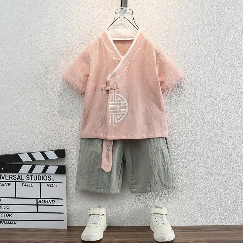 Boys summer Chinese style Tang dress Hanfu short sleeve set cotton 3-4-2 year old baby ancient costume children two sets