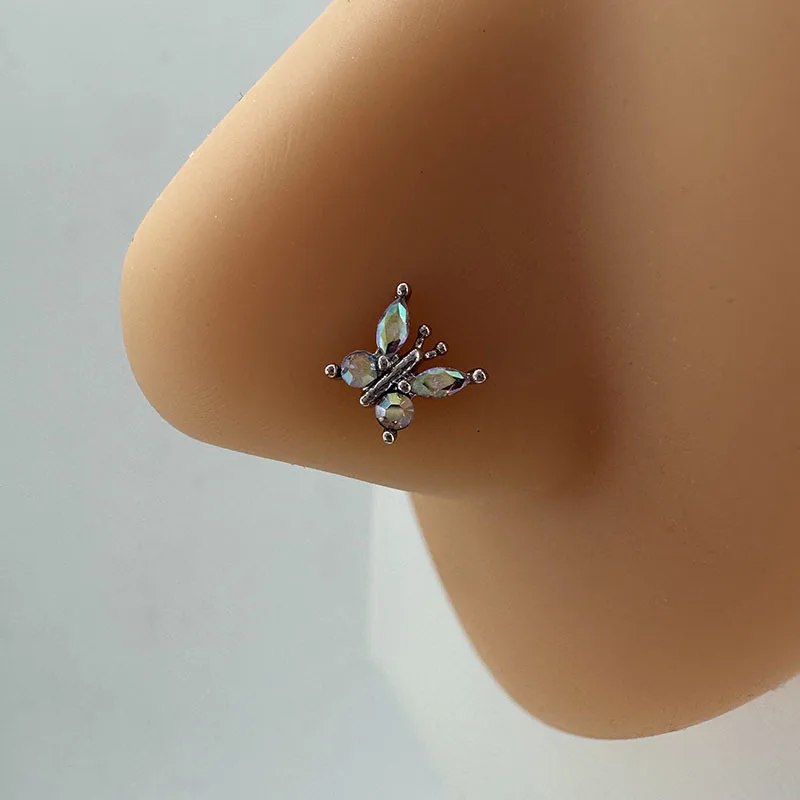 Фото Серьга-гвоздик для носа AB Diamond-set Butterfly из титановой стали, 0.8, 20G, оптом, для пирсинга, украшение для пирсинга носа №1