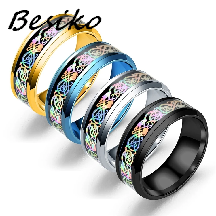 Кольцо Besiko диаметром 8 мм из нержавеющей стали с разноцветным рисунком дракона