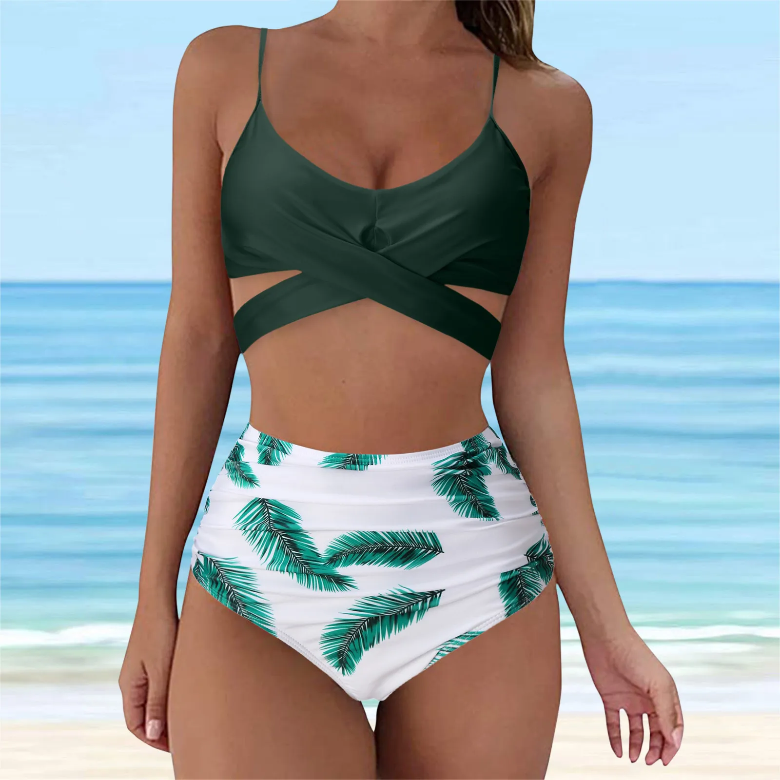 

Tow Piece Bathing Suit Vintage Swimsuit Women Retro Hollow Out Halter Bra Ruched Wrap Front High Waist Brazilian Bikini Set 4