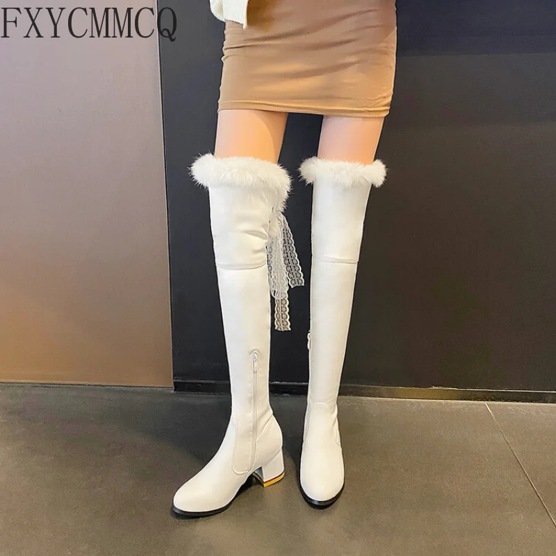 

FXYCMMCQ 2022 Autumn/Winter Round Toe High-heeled Thick Velvet Elastic Boots Temperament All-match High-heeled Women's BootsF638