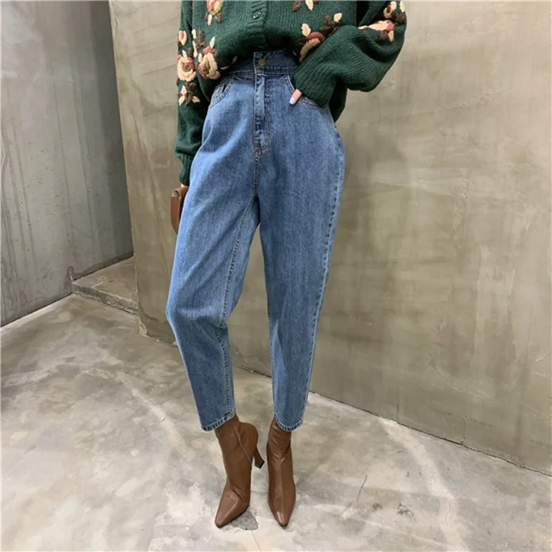 2021 New Vintage Women's High Waist Jeans Pants Button Chic Pants Female Pockets Blue Streetwear Loose Straight Denim Trousers
