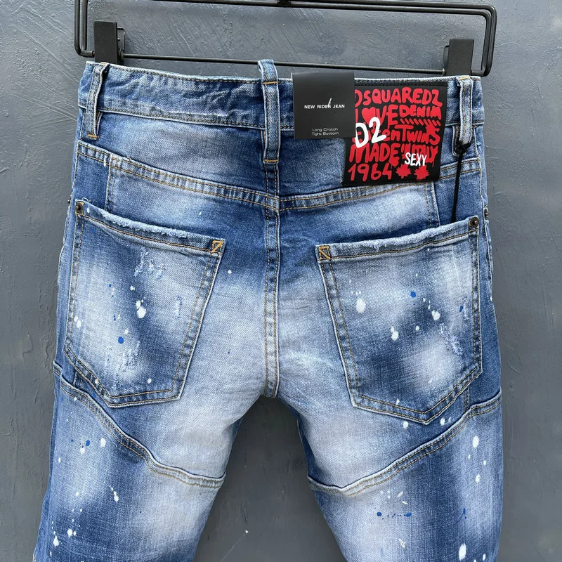 Spring New DSQUARED2 Men's/Women's Jeans Fashion Slim Stitching Three-Dimensional Cut Hole Patch Elastic Feet T153