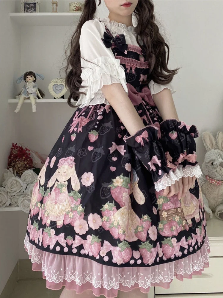 Платье с высокой талией клубничным кроликом-Лолита принтом Jsk милые летние
