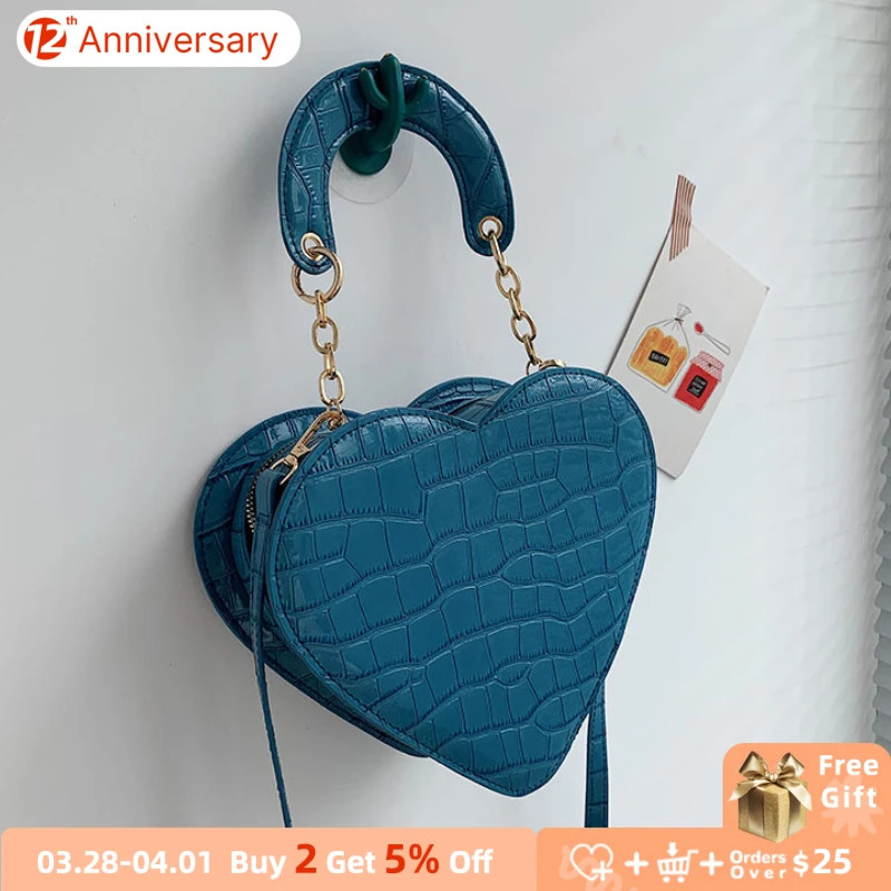 

Patent Leather Women Heart Shoulder Bags Crocodile Pattern Ladies Crossbody Bag Luxury Design Female Party Clutch Purse Handbags