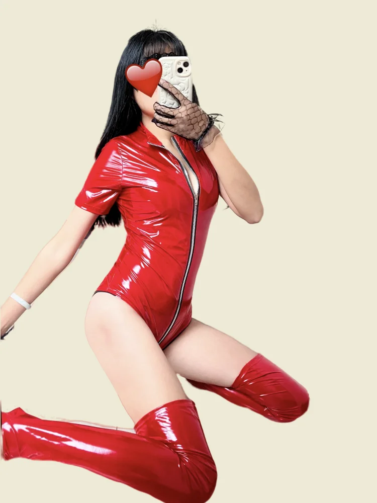 

Sexy Zipper Opening Oiliness Patent Pole Dance Nightclub SM Training Binding Bodysuit Lingerie Costume Skirt Leather Clothing