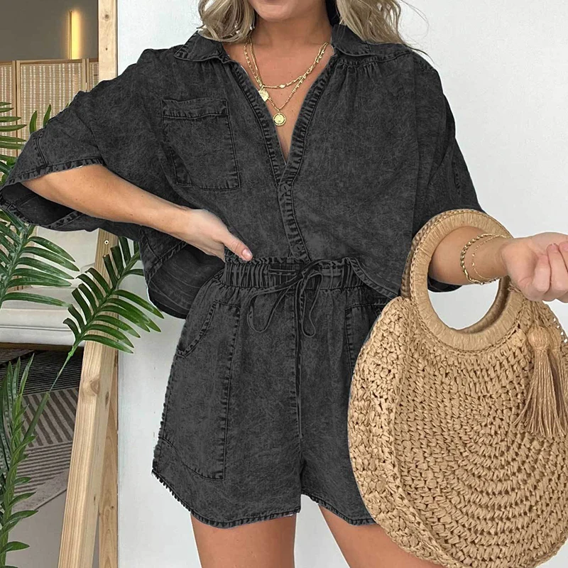 Женский джинсовый комплект из 2 предметов свободная рубашка на пуговицах с