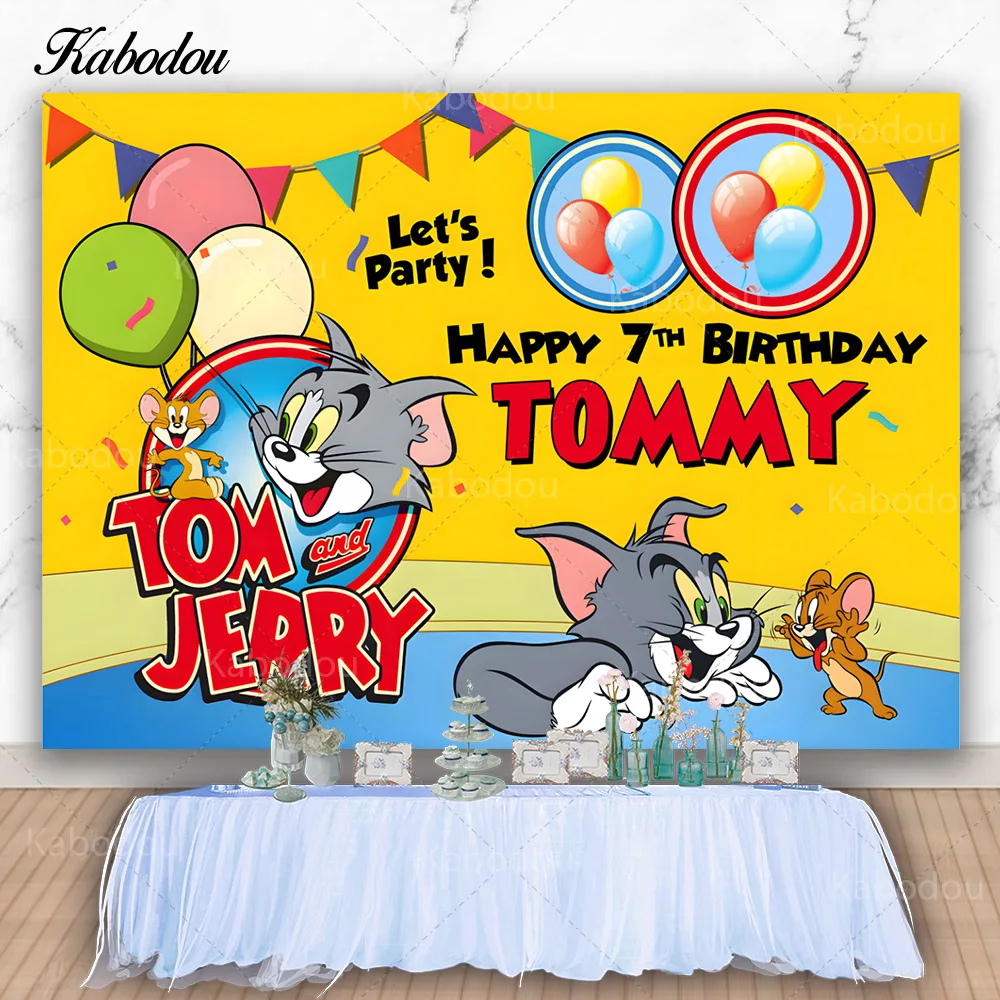 

Kabodou Cat And Clever Mouse Photo Backdrop Happy Birthday Photography Background Baby Shower Decorations Banner
