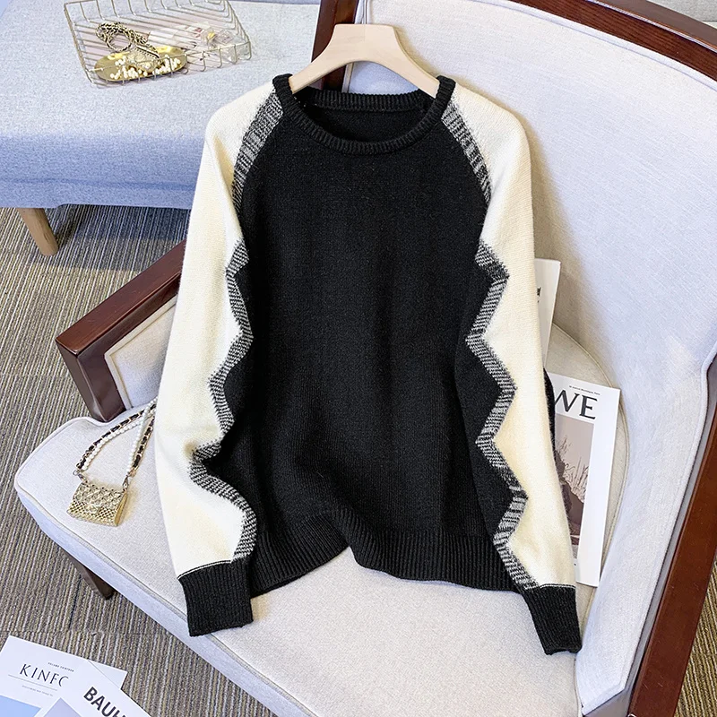 

Oversize 2022 Autumn Winter Patchwork Knitwear Pullover Sweater L-4XL Large Female Knitted Jumpers Fashion Korean Tops