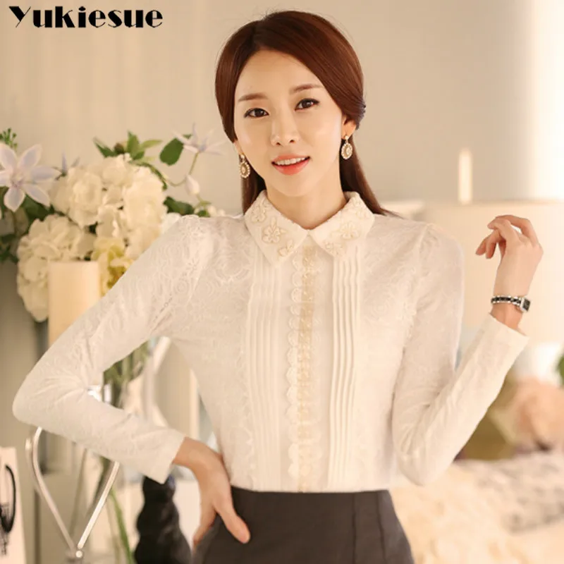 Женская блузка с длинным рукавом белая кружевная | одежда