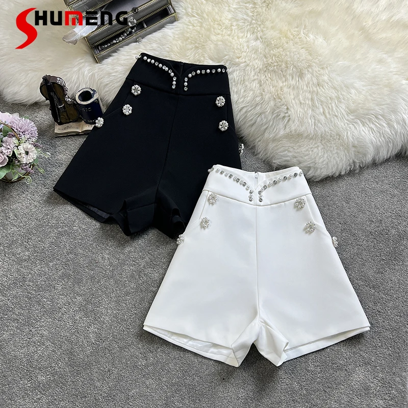 

Черные Костюмные шорты с тяжелыми бусинами, женские повседневные шорты с высокой талией, стройнящие, с широкими штанинами, женские короткие...
