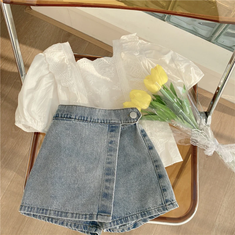 

Girls Clothing Sets 2022 New Summer Short Sleeve Shirt+Denim Shorts 2Pcs Casual Kid Clothes For 3-7 Years