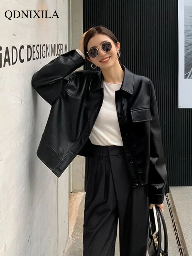 Women's Leather Jacket 2023 Spring Jacket Women New Outerwear Short PU Leather Jacket Korean Fashion Vintage Style Female Jacket