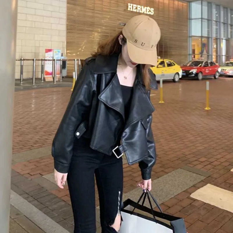 Women Short  Leather Coat Fall 2022 American Retro Loose Leather Cardigan Jacket Cool Girl Hip Pop Leather Jacket  Zippers  Y2K