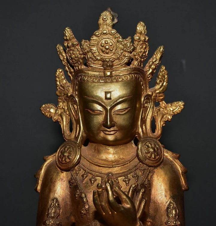 12 8-дюймовая старая тибетская бронза позолоченная статуя Амитаюса долголетия