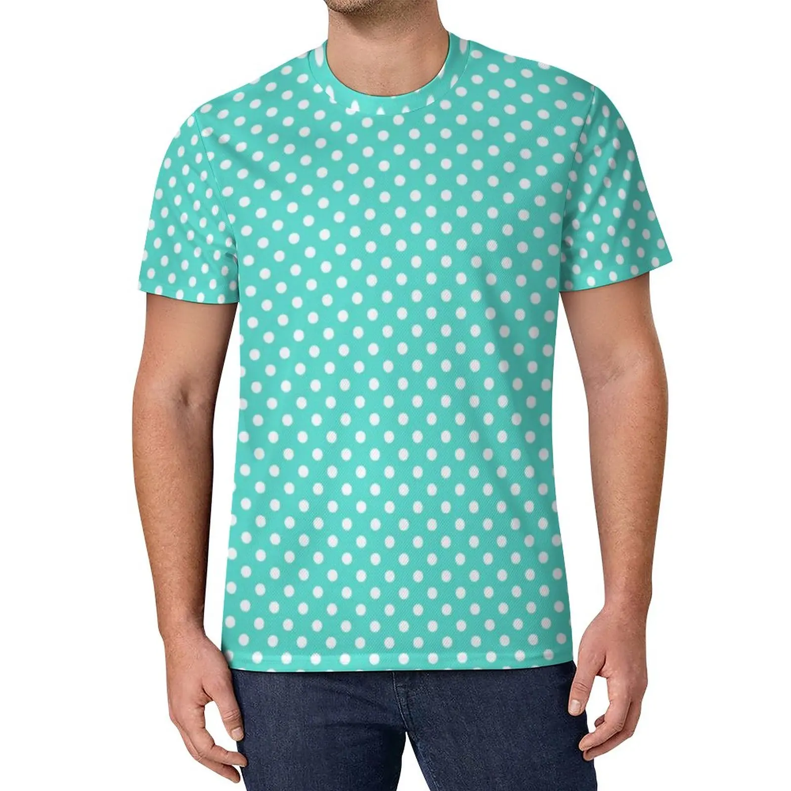 

Teal Blue Polka Dot T-Shirt Retro Turquoise Trendy Novelty T Shirts Street Style Tee Shirt Summer Short-Sleeved Graphic Top Tees