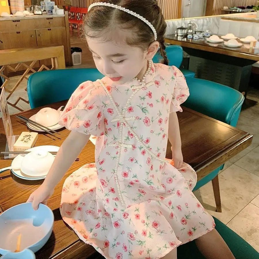 Girls Cheongsam Summer Chinese Sstyle Clothing New Ancient Children's Short Sleeve Dress Baby Princess Chiffon Floral Dress