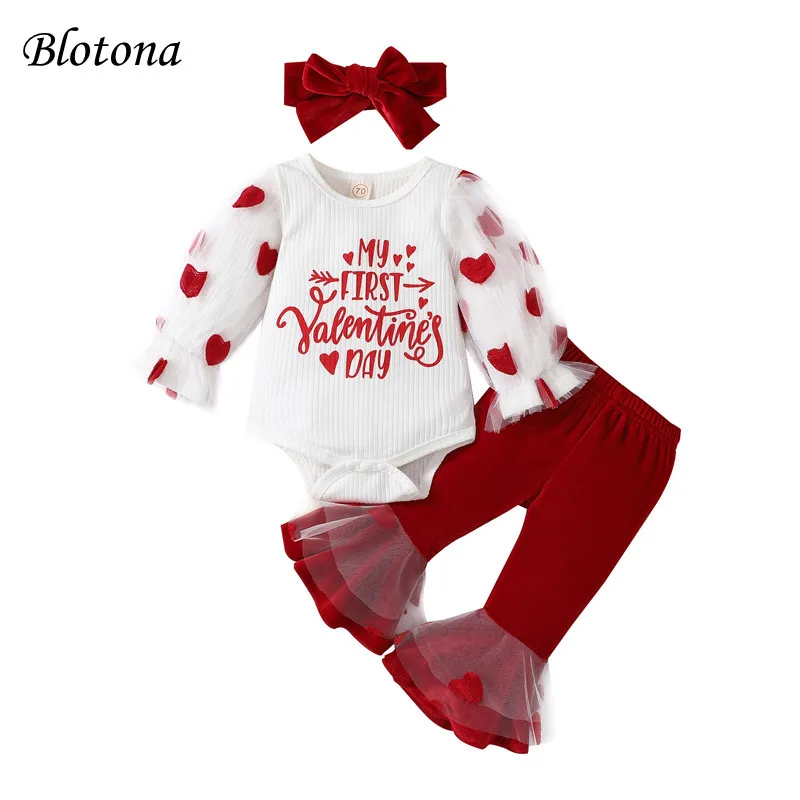 

Blotona Valentine's Day Baby Girls Set Letter Heart Print Mesh Long Sleeve O-Neck Romper Flared Velvet Pants Outfits 0-18Months