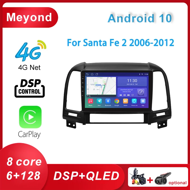 

6+128GB Car Radio AI Voice Android 10 Auto Multimedia Player For Hyundai Santa Fe 2 2006-2012 Carplay 4G DSP 2din GPS autoradio