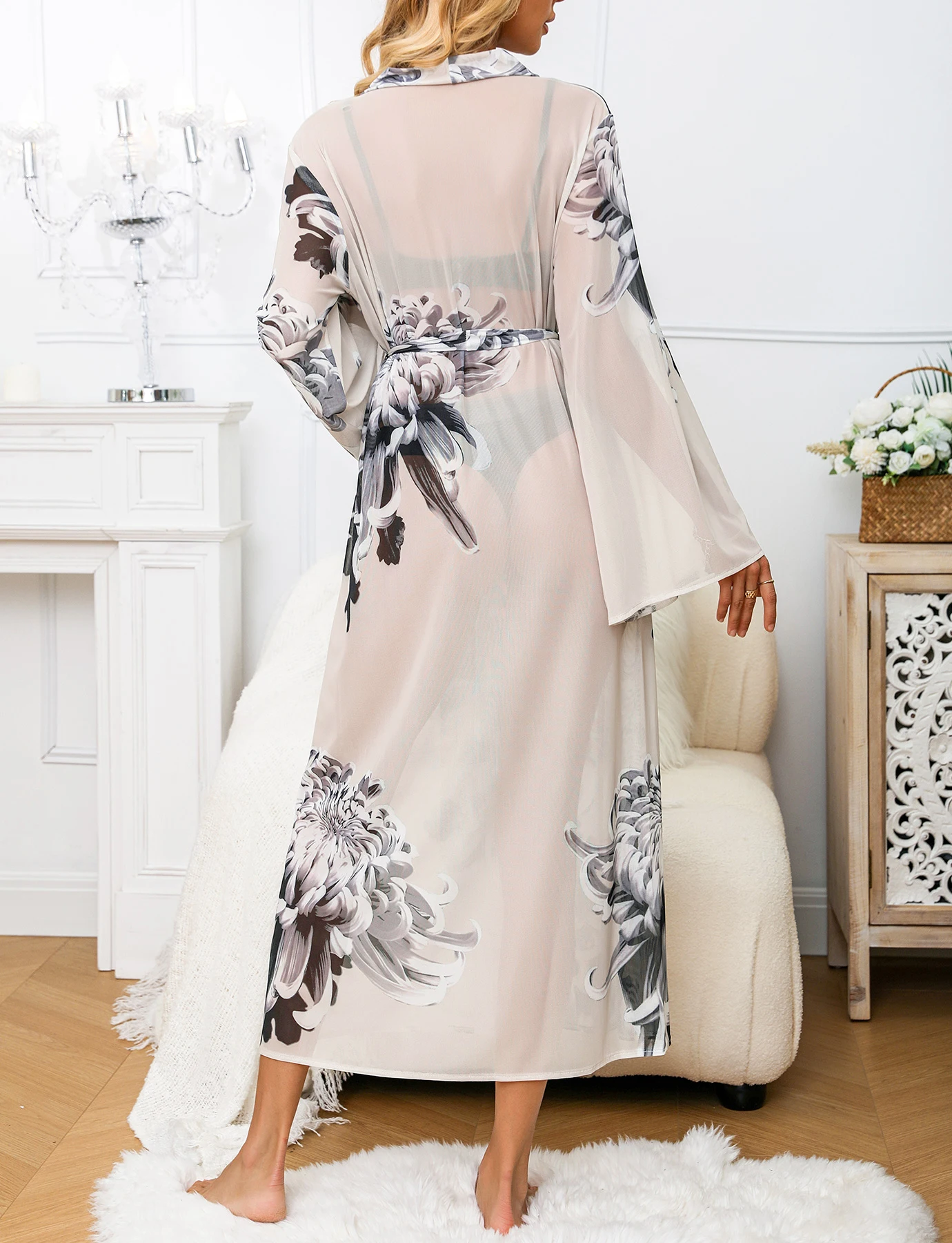 Халат женский с поясом длинное Сетчатое Прозрачное нижнее белье для подружки