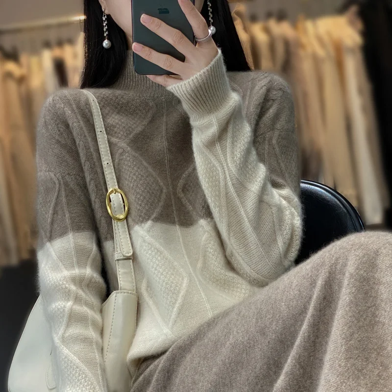 Fall/Winter New 100% Pure Wool Sweater Casual Half High Neck Knitwear Loose Women's Top Pull Overside Thickened Cashmere Blouse