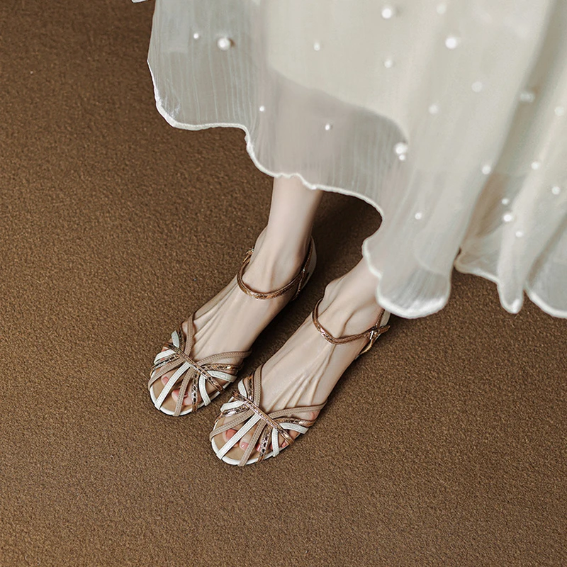 

Retro Women's Sandals Roman Literary Style Hollow Women's Shoes 2022 Summer Color Matching Square Heel Flat Women's Shoes