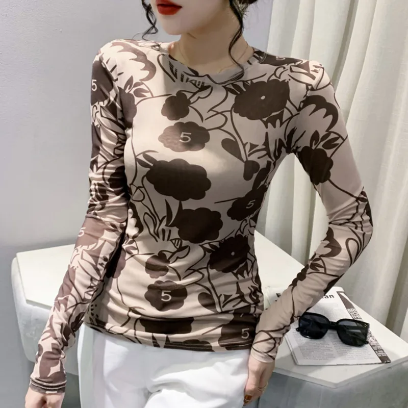 

#8259 Женская Сетчатая футболка с цветочным принтом и круглым вырезом, тонкая винтажная Женская тонкая футболка в Корейском стиле, Женская Весенняя футболка