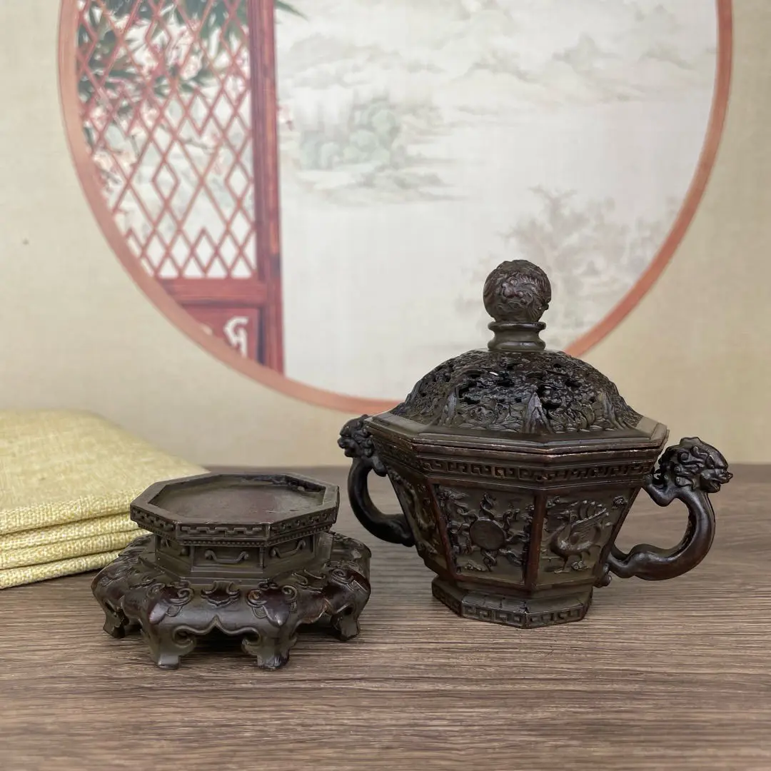 Антикварная рельефная курильница из бронзы четыре священных зверей для