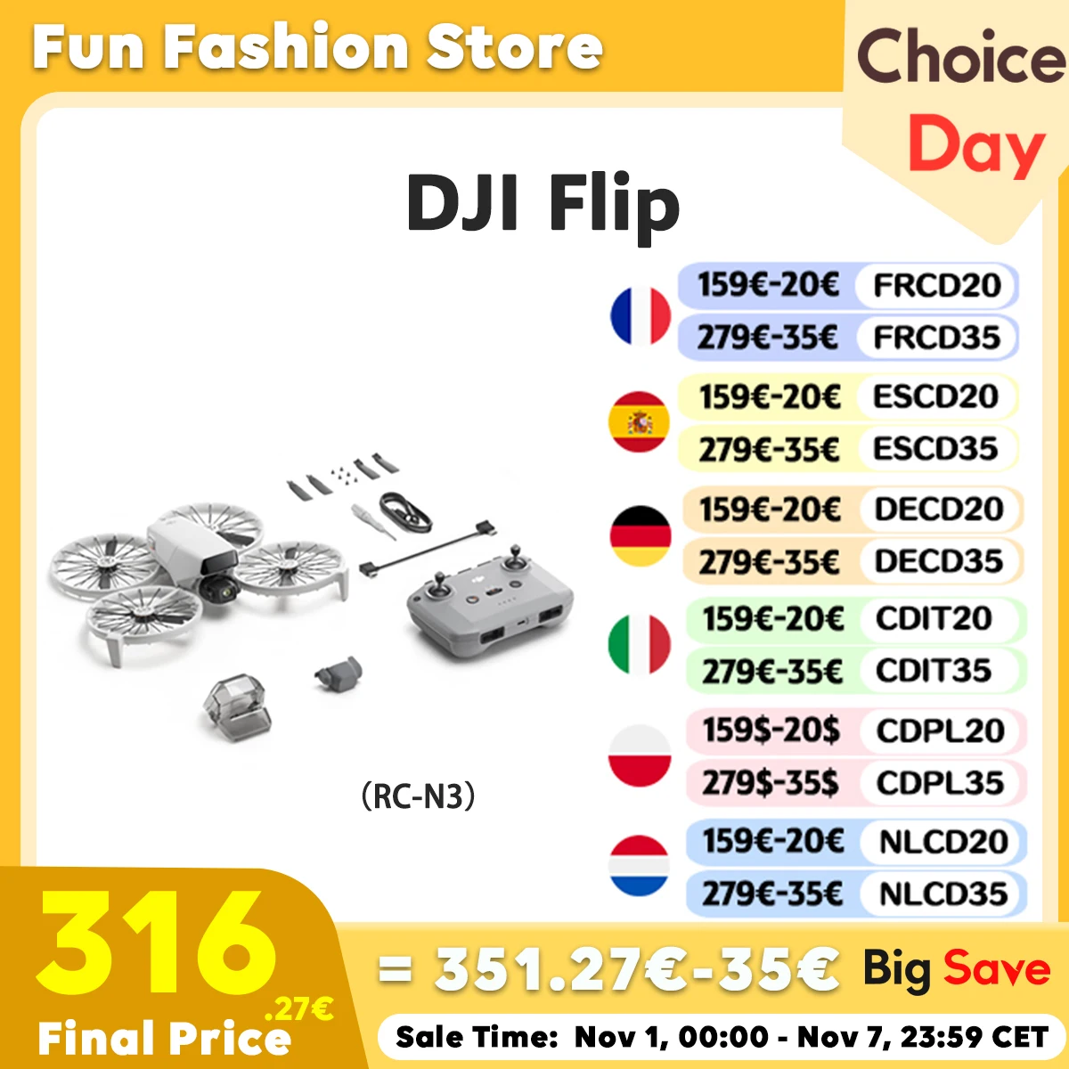 DJI Flip Camera Drone (RC-N3) 4K Estabilizacion ligera de navaja de 3 ejes Transmision de video de 13 km Despegue de palma Retorno automatico C0