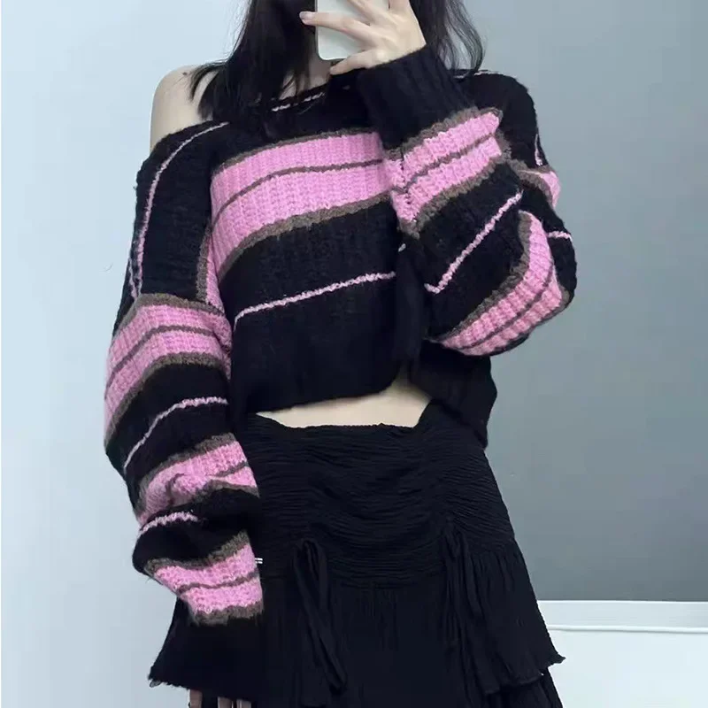 

Укороченный свитер, Женская стильная уличная одежда в полоску, Теплый Женский пуловер в стиле Харадзюку, топы для отдыха с рукавом лом, Осенние пикантные укороченные топы