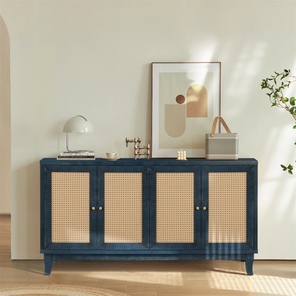 

Deep Blue Accent Storage Cabinet Sideboard Wooden Cabinet with Antique 4Doors for Hallway Entryway Living Room Bedroom