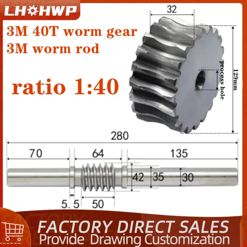 

1 sets 3 Modulus 3M Worm rod with worm gear 3M 40T 40 teeth 45# steel reduction ratio 1:40 worm rod with process hole