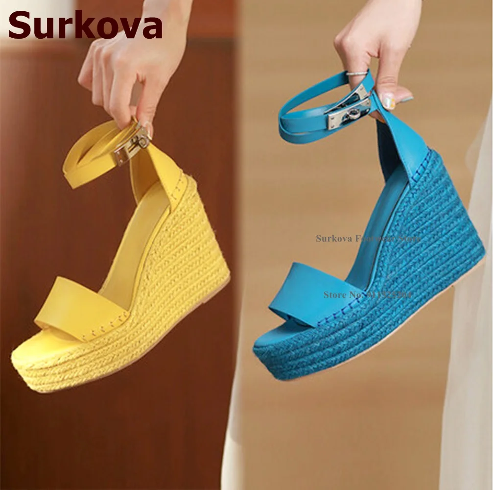 

Surkova Rope Braided Wedge Heel Platform Sandals Metal Buckle Ankle Strap Open Toe Summer Shoes Yellow Blue Matte Evening Pumps