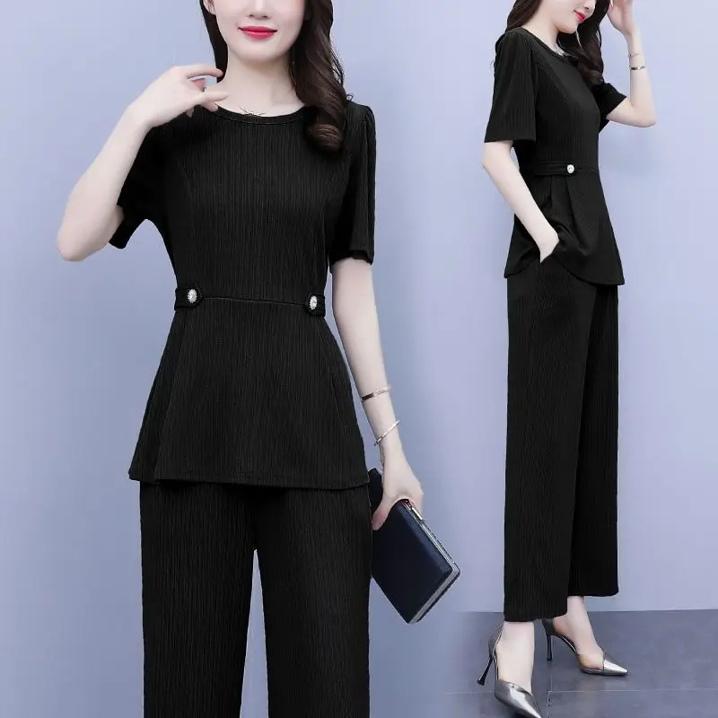 

Женский летний модный костюм из футболки и брюк с широкими штанинами, Женский комплект из двух предметов, Женский Повседневный однотонный к...